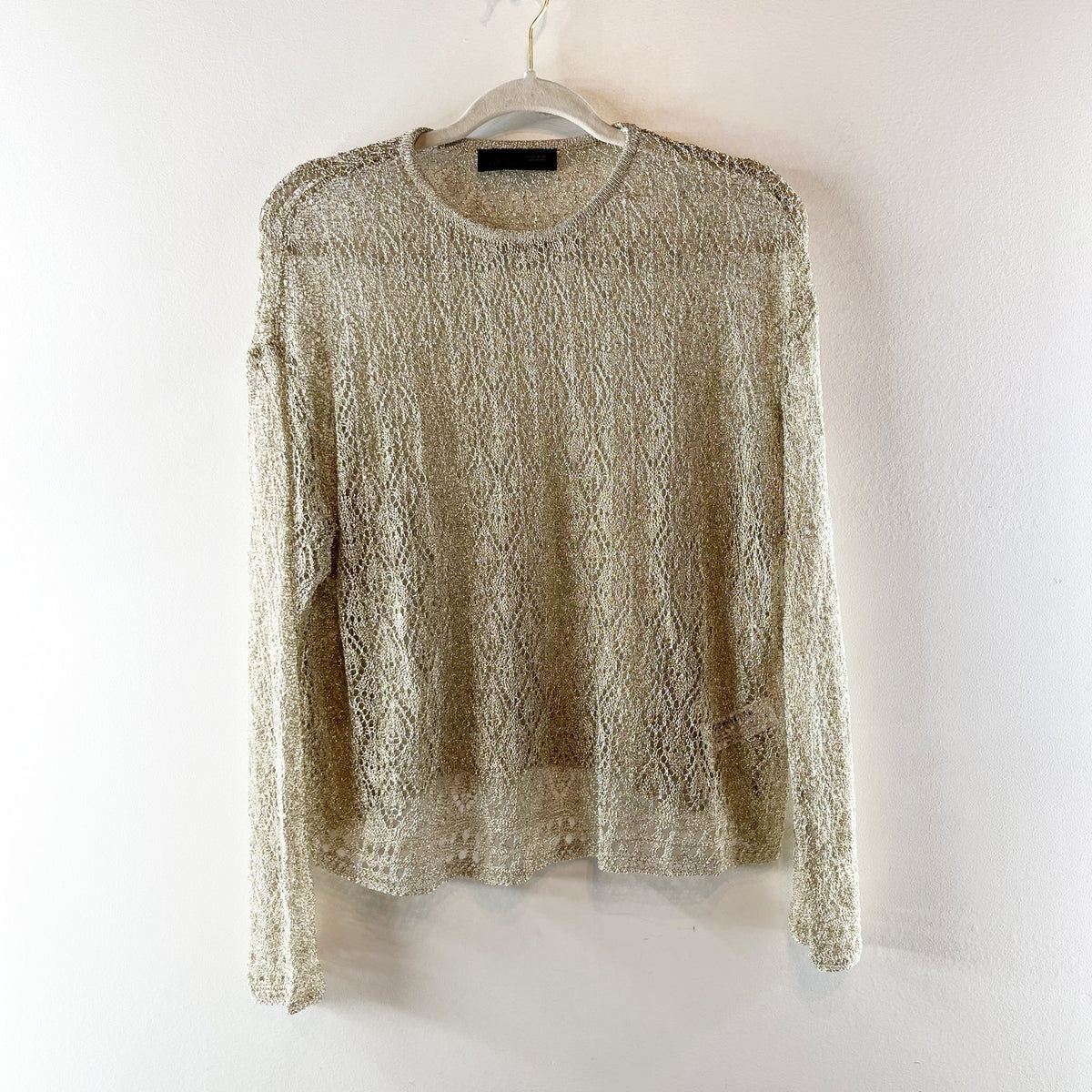 Zara Metallic Thread Long Sleeve Pointelle Knit Jumper Sweater Gold Small