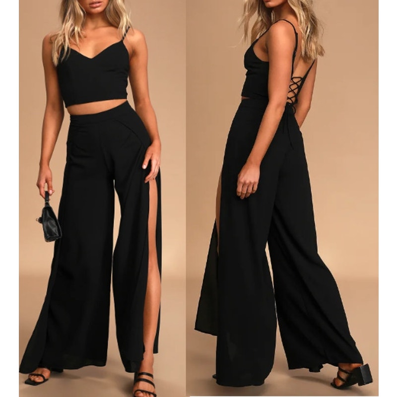 Lulus Out Tonight Sleeveless Side Slit Wide Leg Two-Piece Jumpsuit Black Small