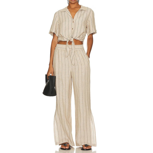 Sanctuary Short Sleeve Button Up Crop Top Wide Leg Linen Pants Set Tan Beige XS