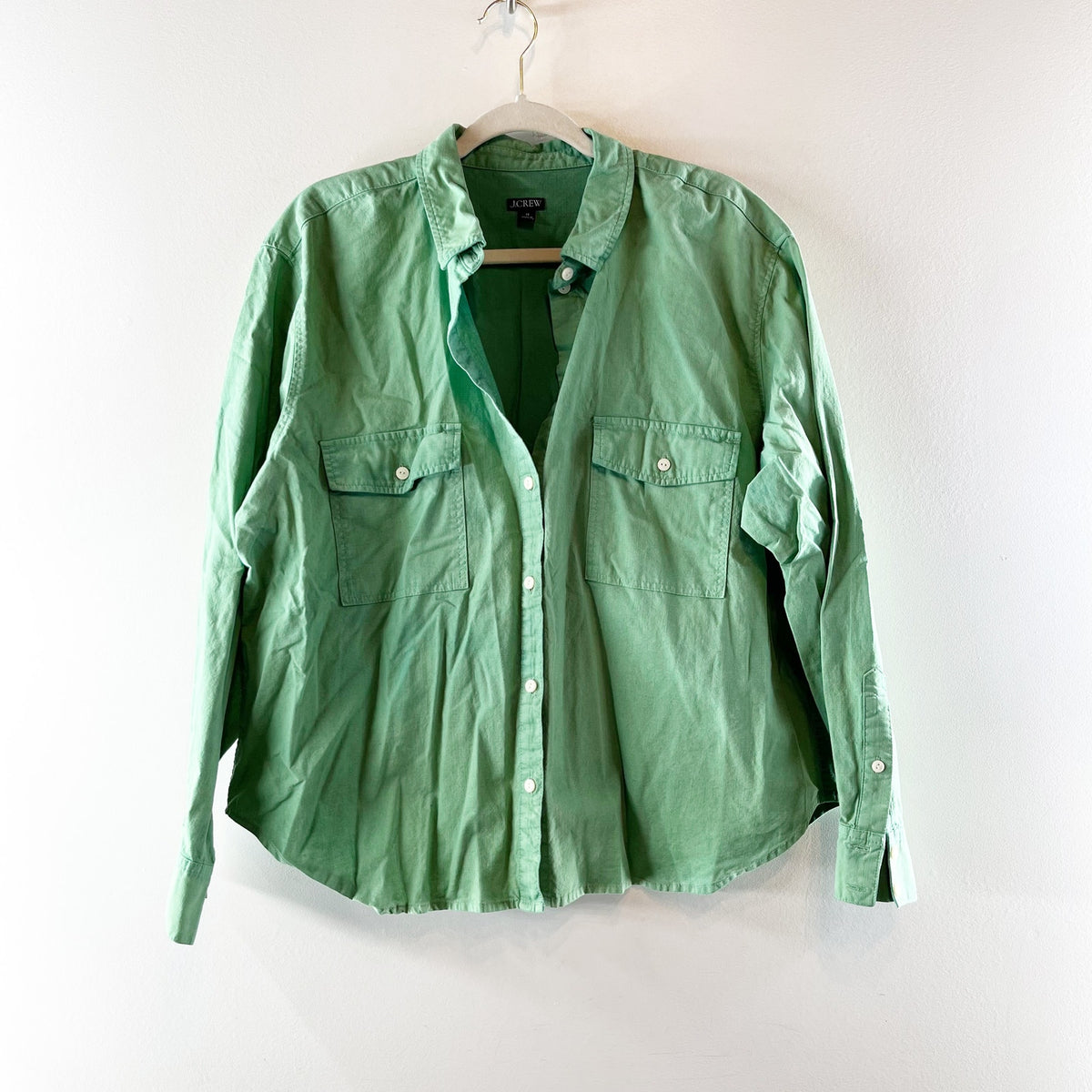 J. Crew Garment-Dyed Chambray Long Sleeve Button-Up Shirt Green Plus Size 18