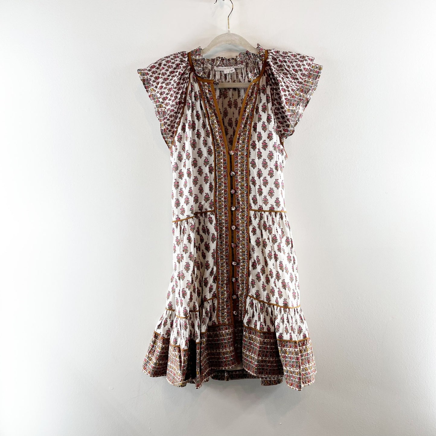 Veronica Beard Amoura Boho-Floral Flutter Sleeve Mini Dress Brown White 4
