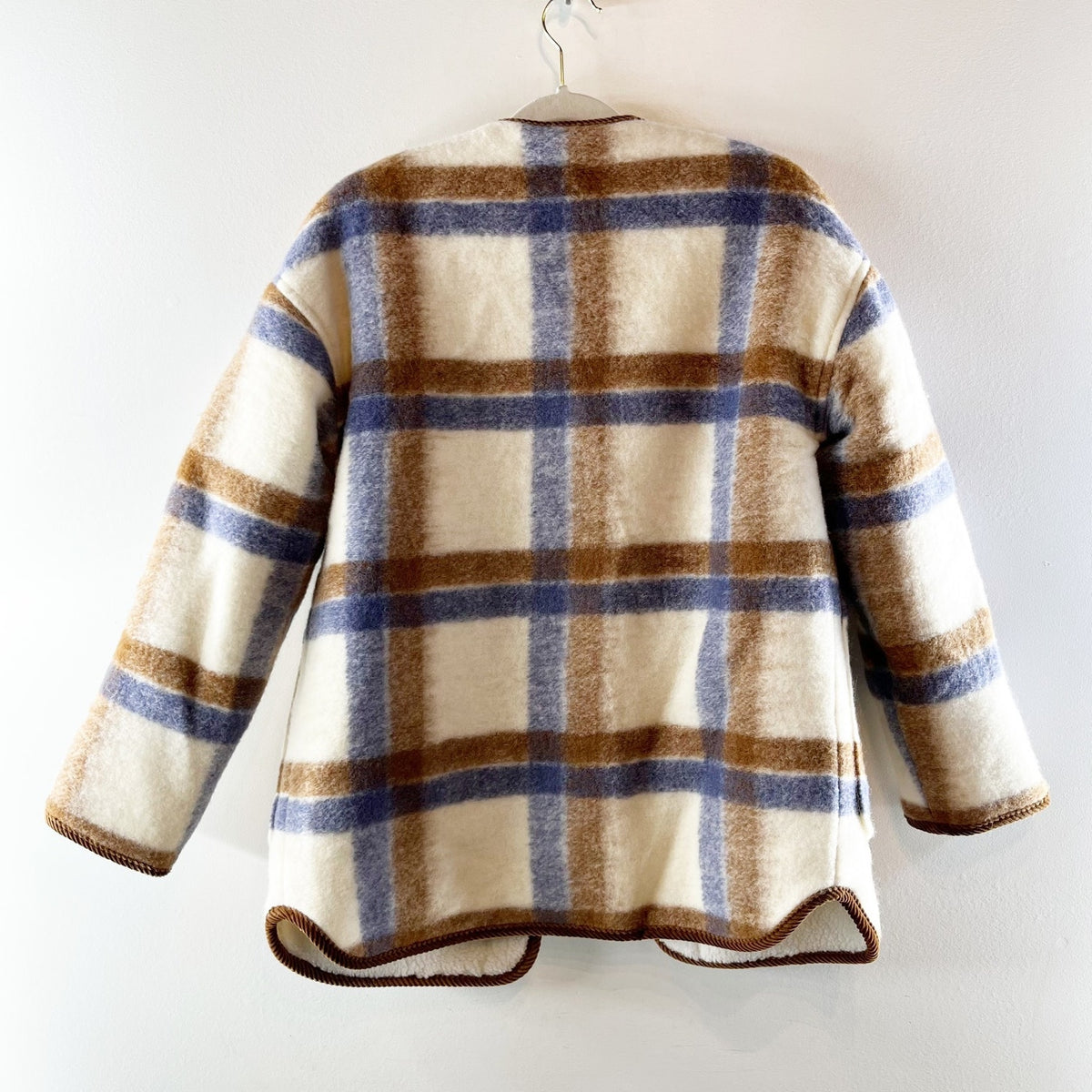 Sezane Veste Sari Laine Carreaux Reversible Sherpa Jacket Écru Camel Bleu 34 / 2