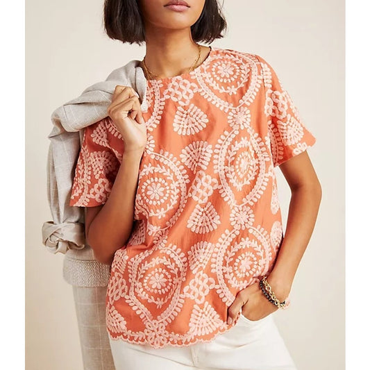 Eri + Ali Anthropologie Coralie Embroidered Short Sleeve Blouse Orange Medium