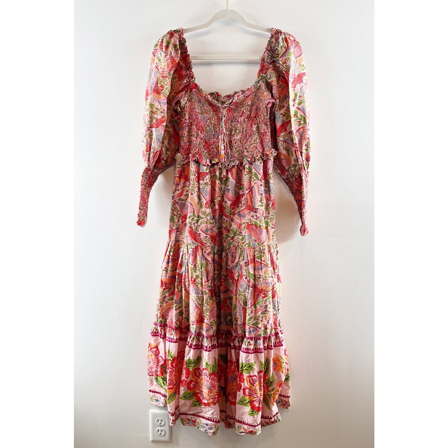 Farm Rio Macaw Flight Smocked Cotton Long Sleeve Midi Dress Pink Red Small