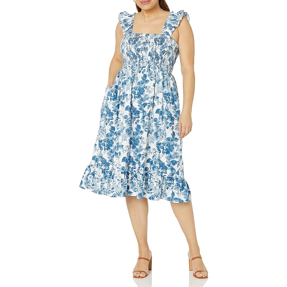 The Drop Smocked Bodice Ruffle Strap Square Neck Floral Midi Dress Blue XL