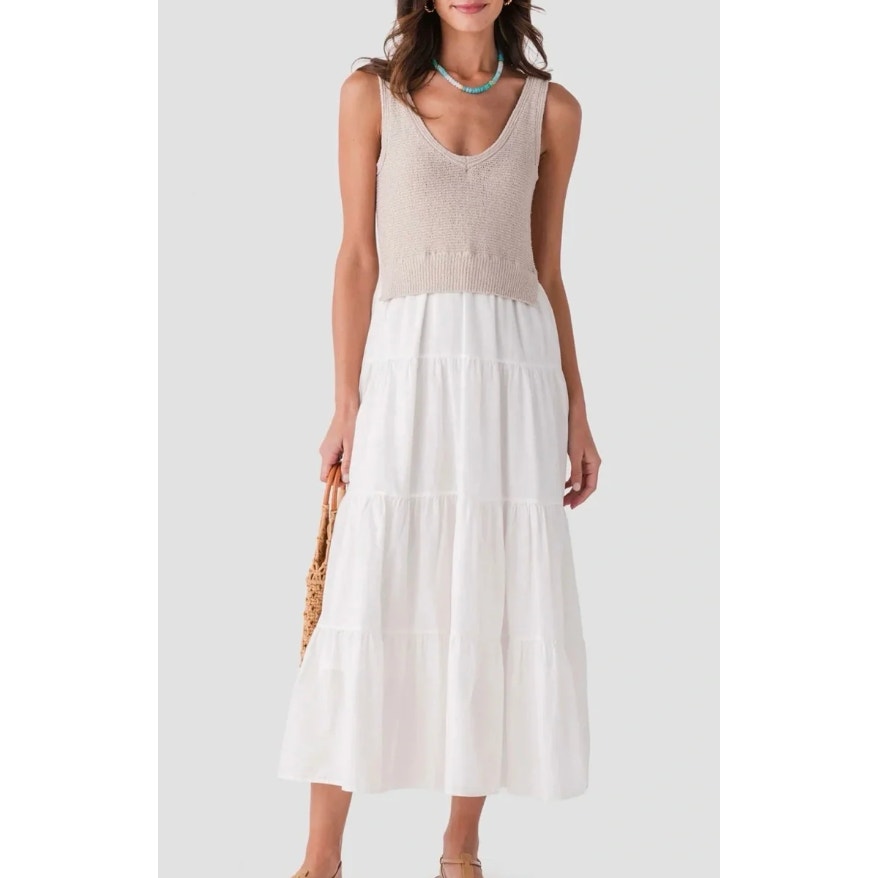 Elan Twofer Mixed Media Sleeveless Poplin Midi Dress Tan White Small