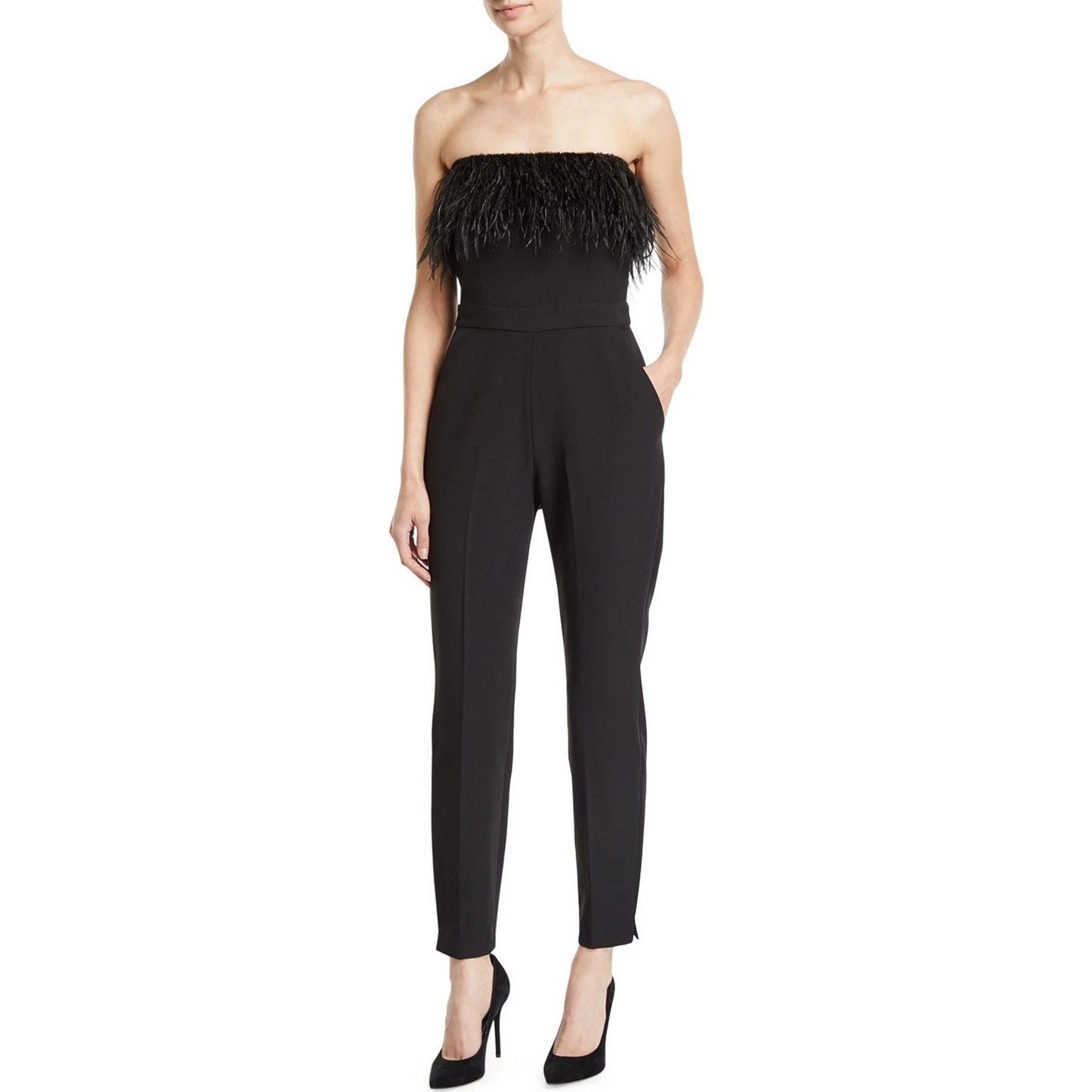 Saylor Janae Straight-Leg Strapless Jumpsuit with Feather Trim Black Medium