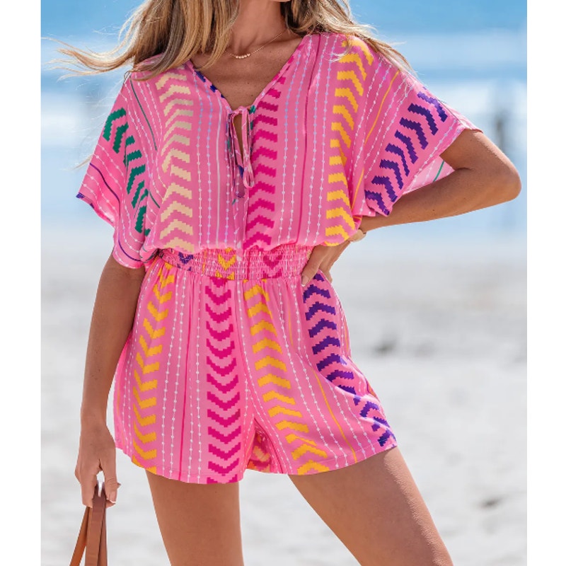 Cupshe Light & Easy Abstract Geo Print Short Sleeve Romper Pink Medium