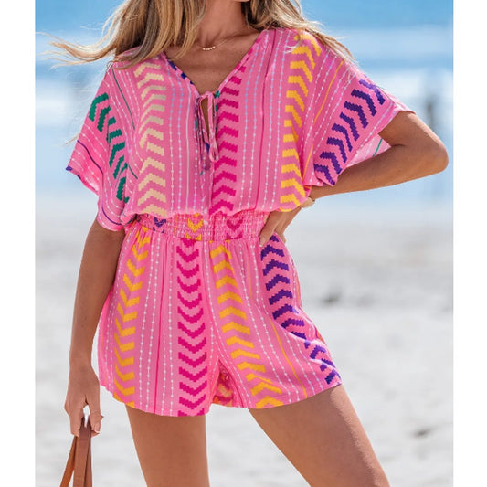 Cupshe Light & Easy Abstract Geo Print Short Sleeve Romper Pink Medium