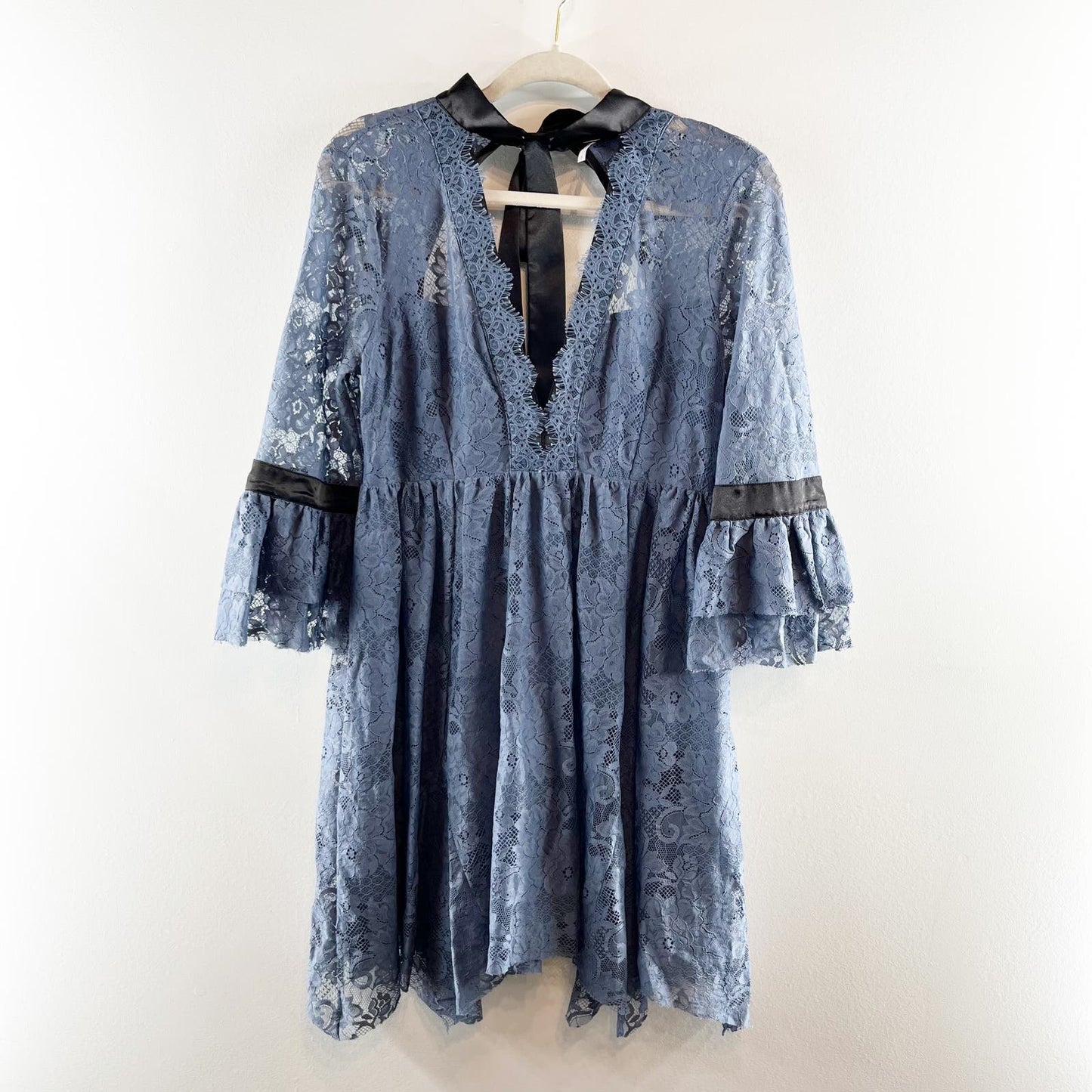 Free People Gilded Lace Victorian Mini Dress Dusty Blue Small