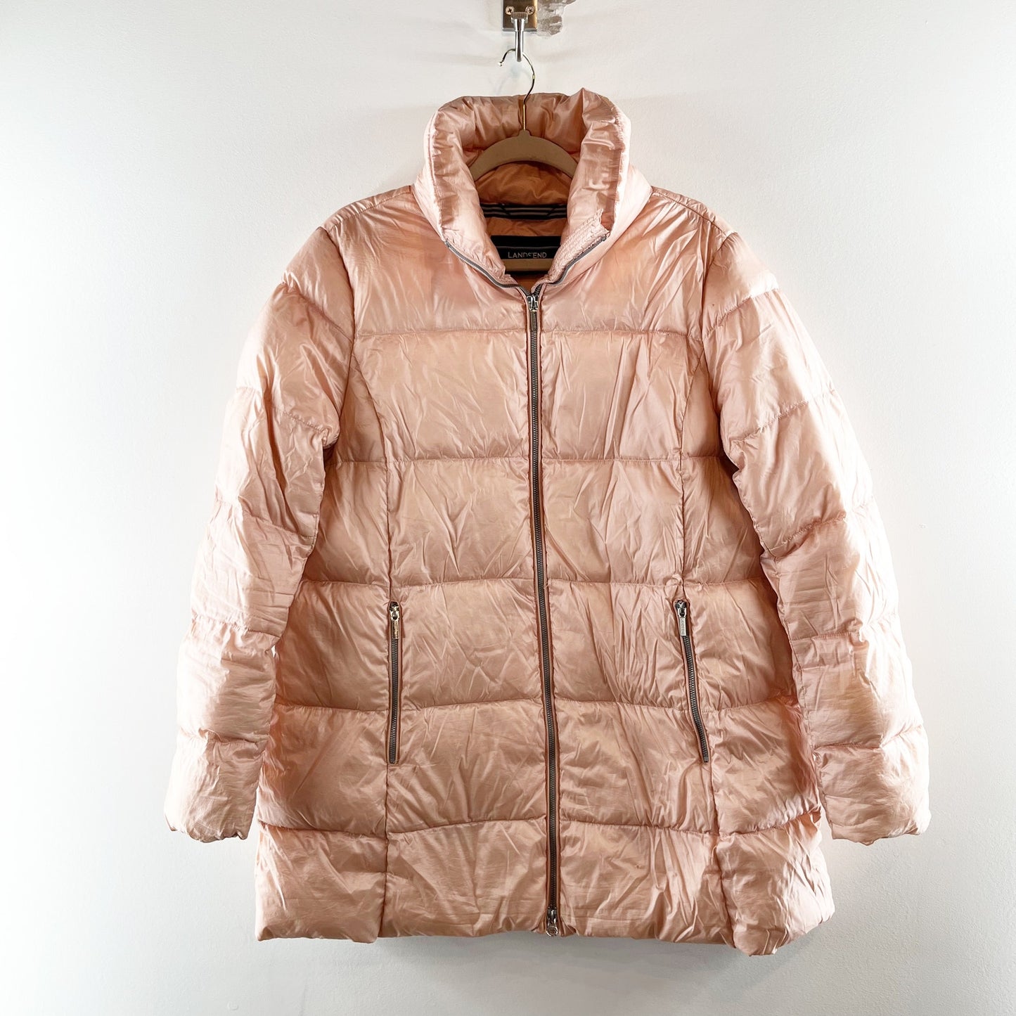 Lands' End Sheen Quilted Mid Length Big Puffer 90% Down Jacket Pink Large