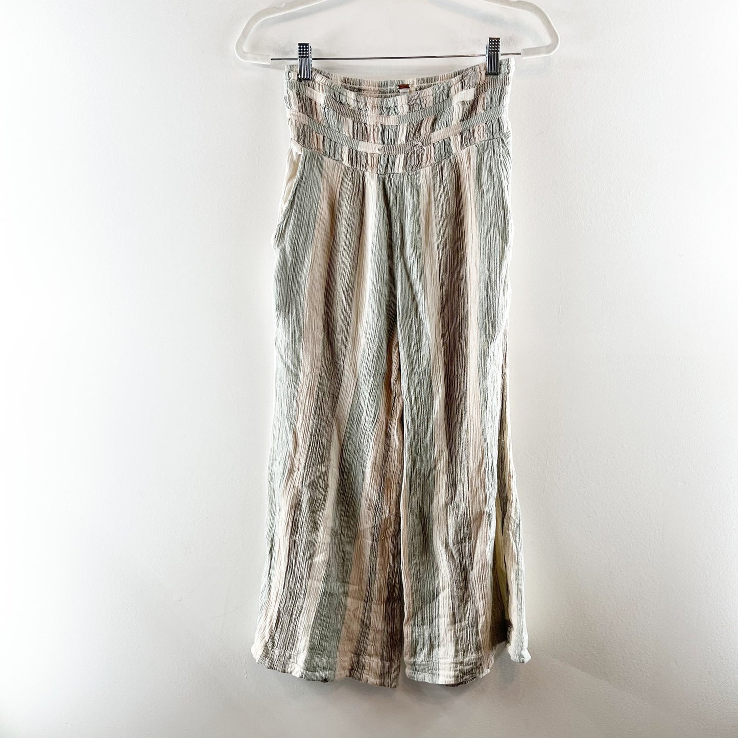 Free People Hamilton Cotton Striped Smocked High Waisted Wide Leg Pants Small