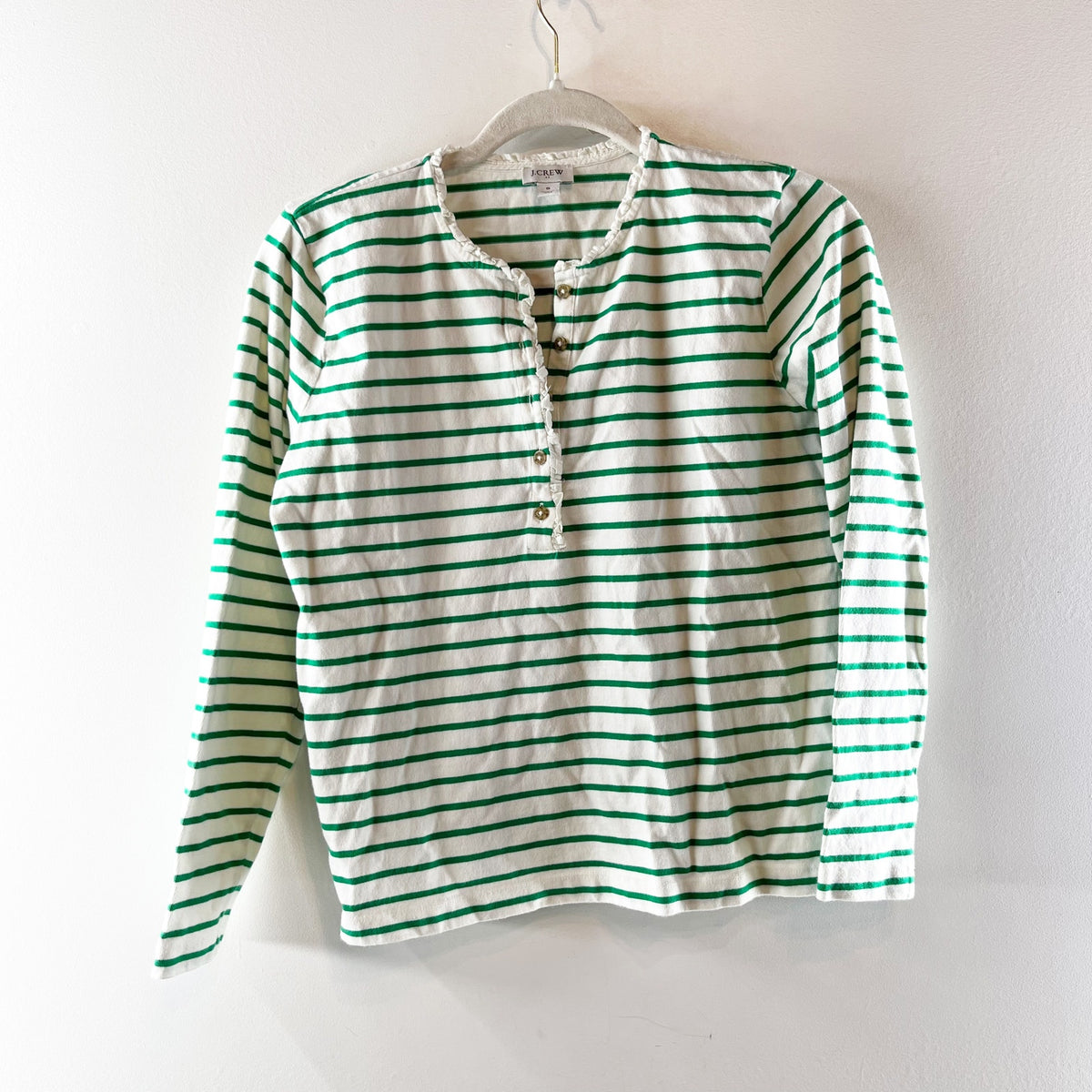 J. Crew Long Sleeve Striped Ruffleneck Henley Shirt Top Green White Small