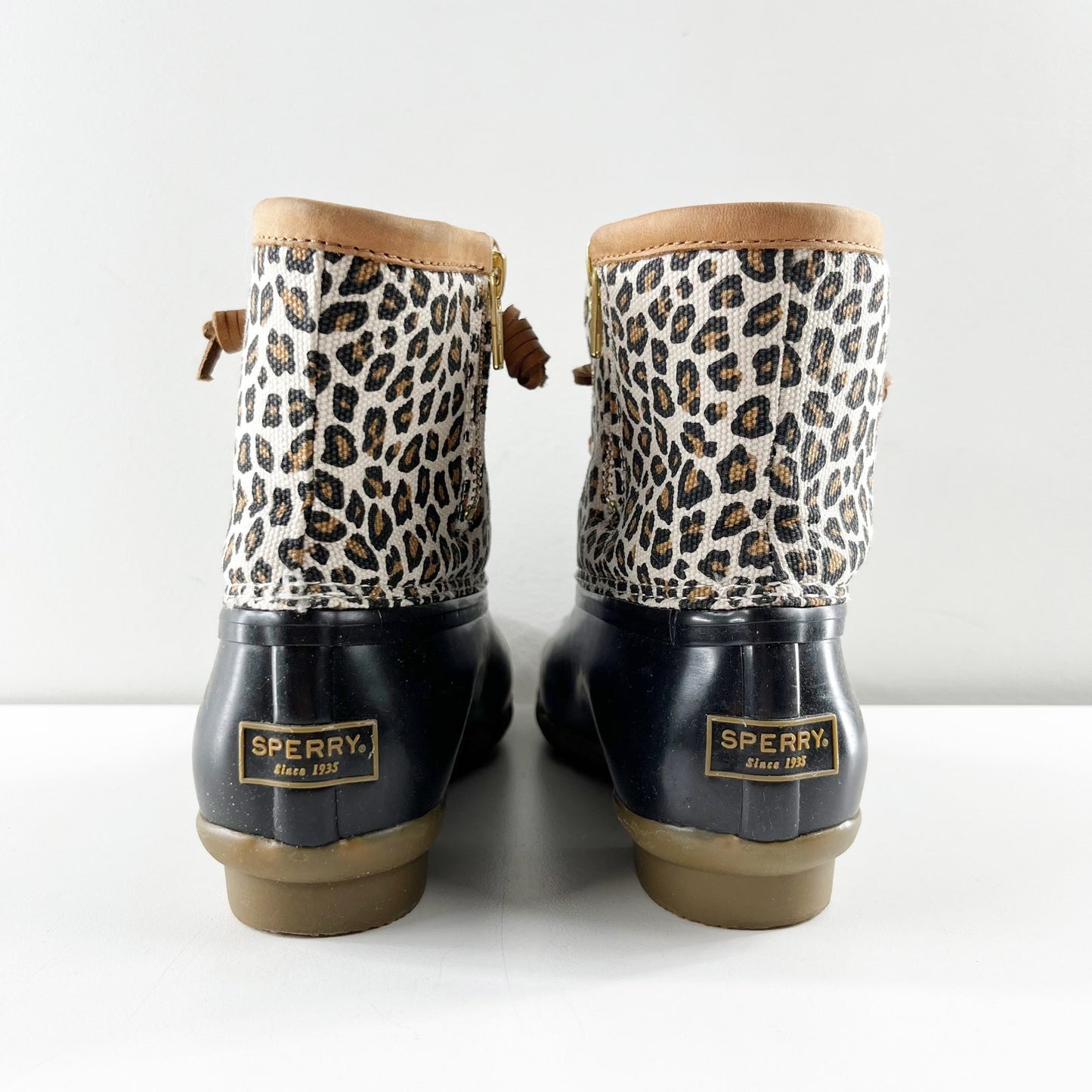 Sperry Lace Up Saltwater Rain Boots Ankle Booties Rubber Leopard 6