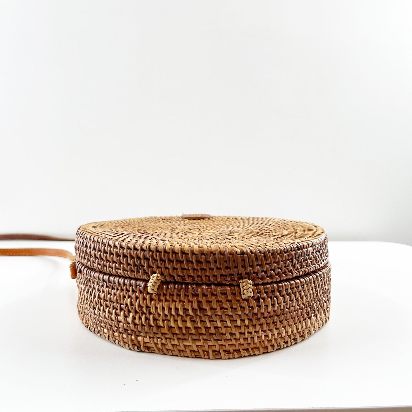 Circle Round Rattan Wicker Long Crossbody Bag Purse Brown