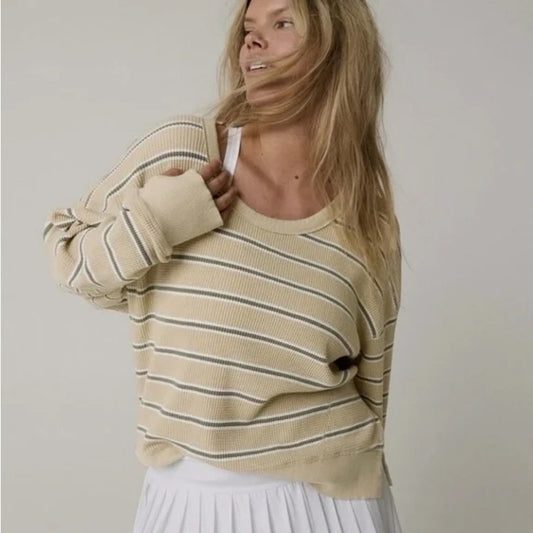 Aerie Offline Long Sleeve Striped Waffle Tee Shirt Tan Green XL