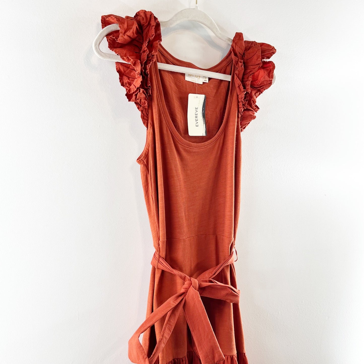 Nation LTD Everly Frilly Ruffle Strap Tiered Cotton Midi Dress Cayene Red Small