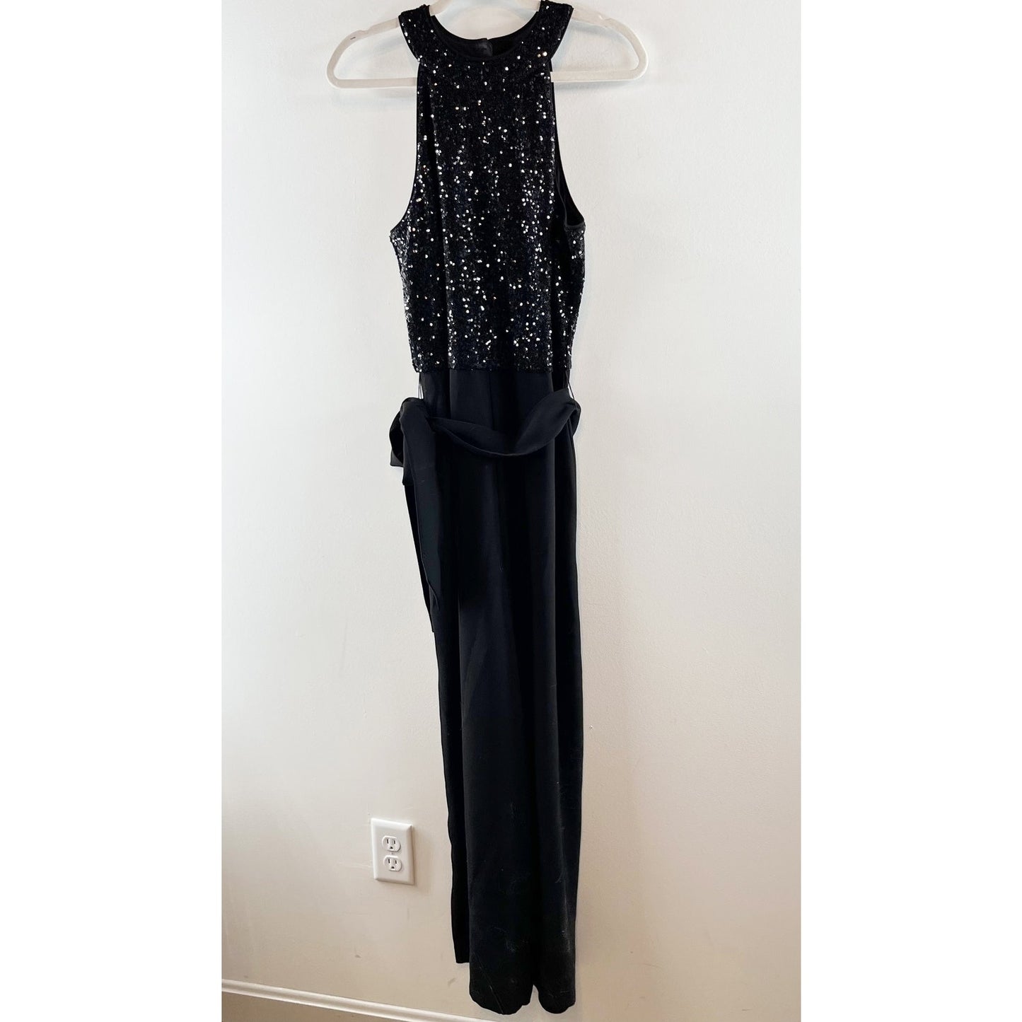 Talbots Embellished Sequin Crepe Halter Tie Waist Wide Leg Jumpsuit Black 12