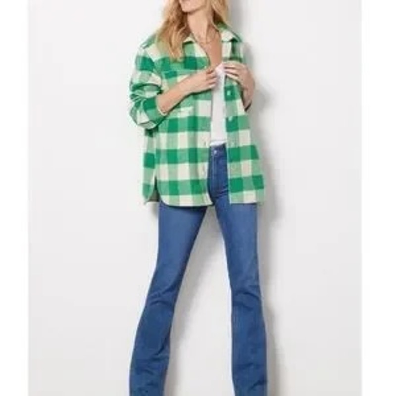 Sanctuary Buffalo Check Plaid Button Up Shacket Jacket Green White XS