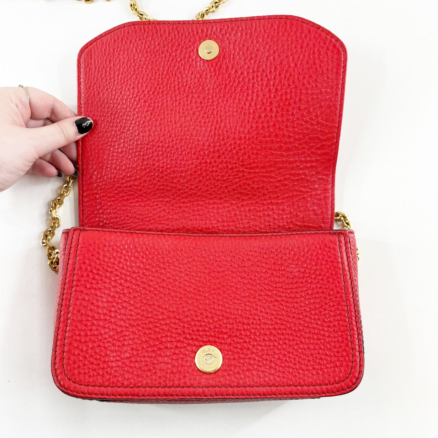 MCM Square Leather Crossbody Bag Gold Chain Flap Closure Red Gold