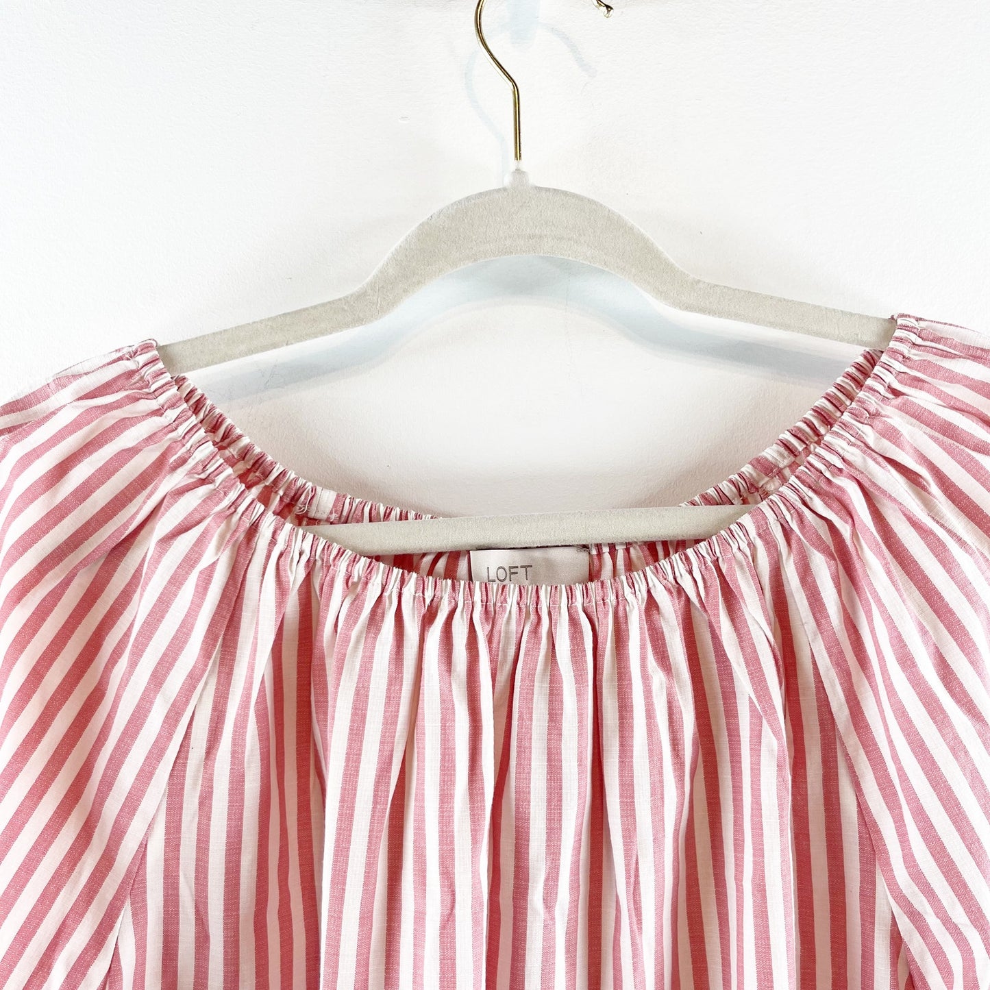 LOFT Off The Shoulder Puff Short Sleeve Blouse Top Striped Pink White Large