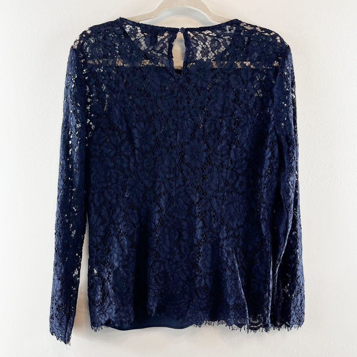 J. Crew Inner Removable Sheer Tank Long Sleeve Frayed Floral Lace Blouse Blue 10