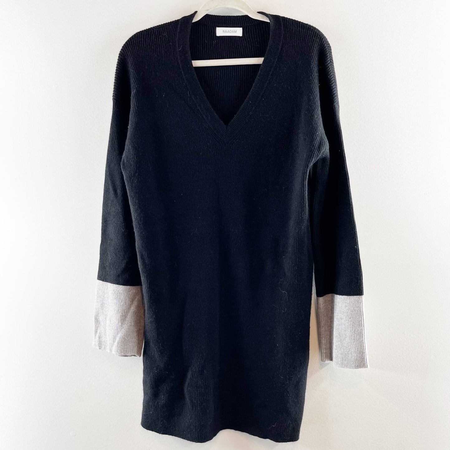 Naadam V Neck Wool Cashmere Mini Sweater Dress Black Gray Medium