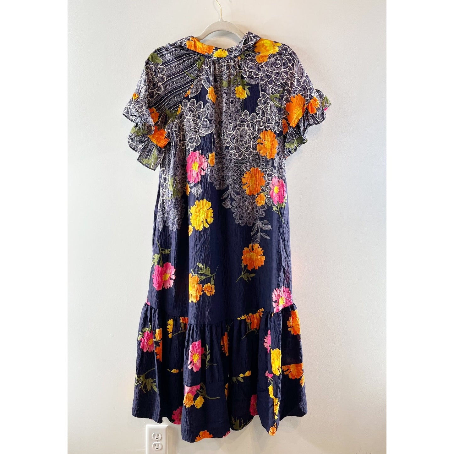 Anthropologie Floral Ruffle Sleeve V-Neck Tiered Midi Dress Navy Multi XS Petite