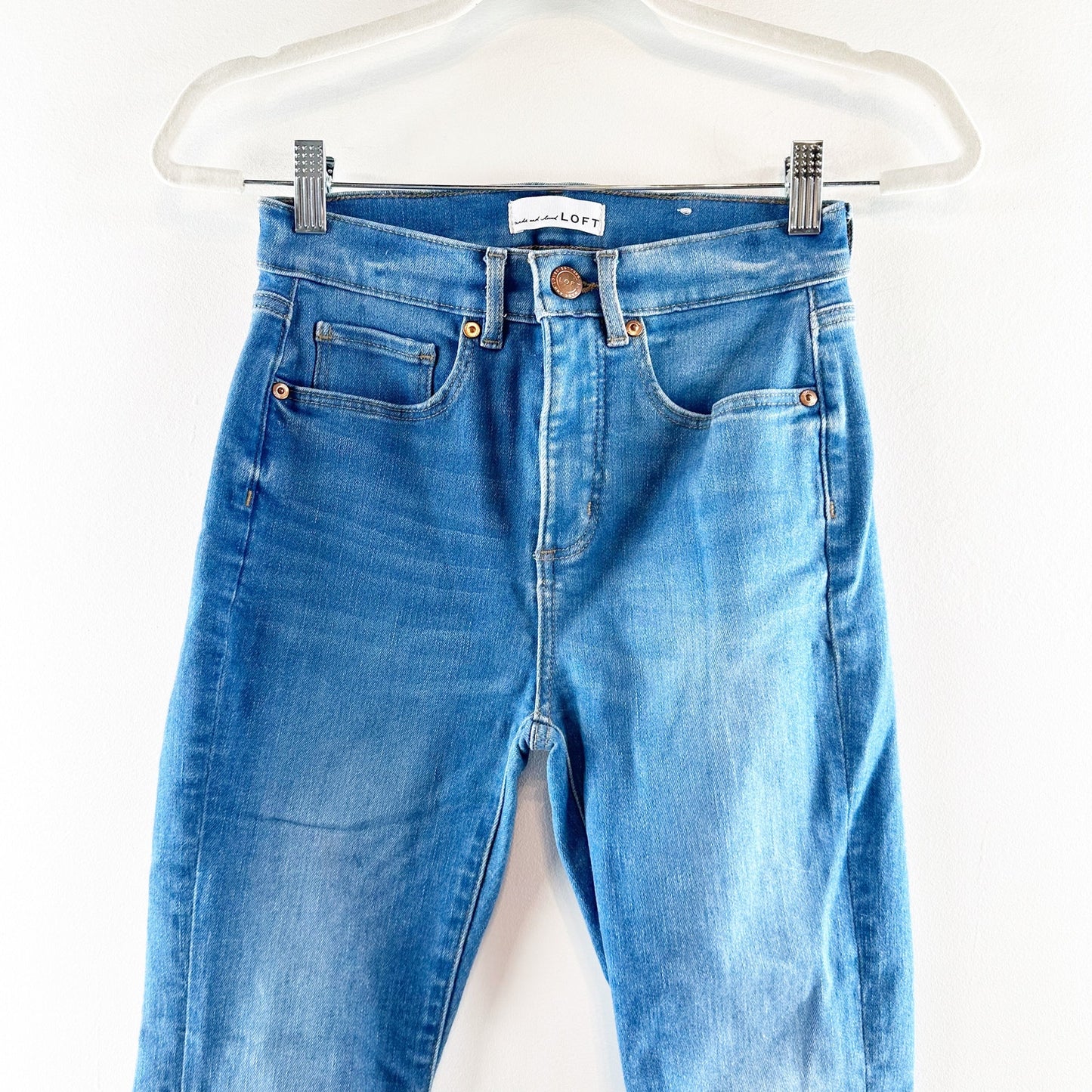 LOFT High Waist Flare Cropped Raw Hem Jeans Blue 2 / 26