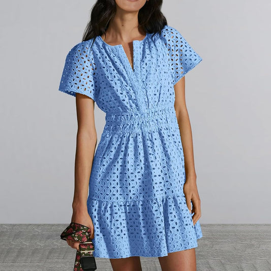 Prettygarden Short Sleeve Eyelet Cotton Mini Dress Powder Blue Small