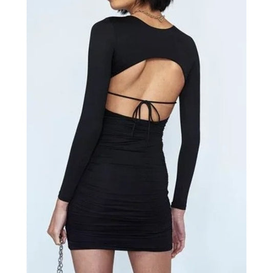 Princess Polly Alana Long Sleeve Open Tie Back Bodycon Mini Dress Black 6