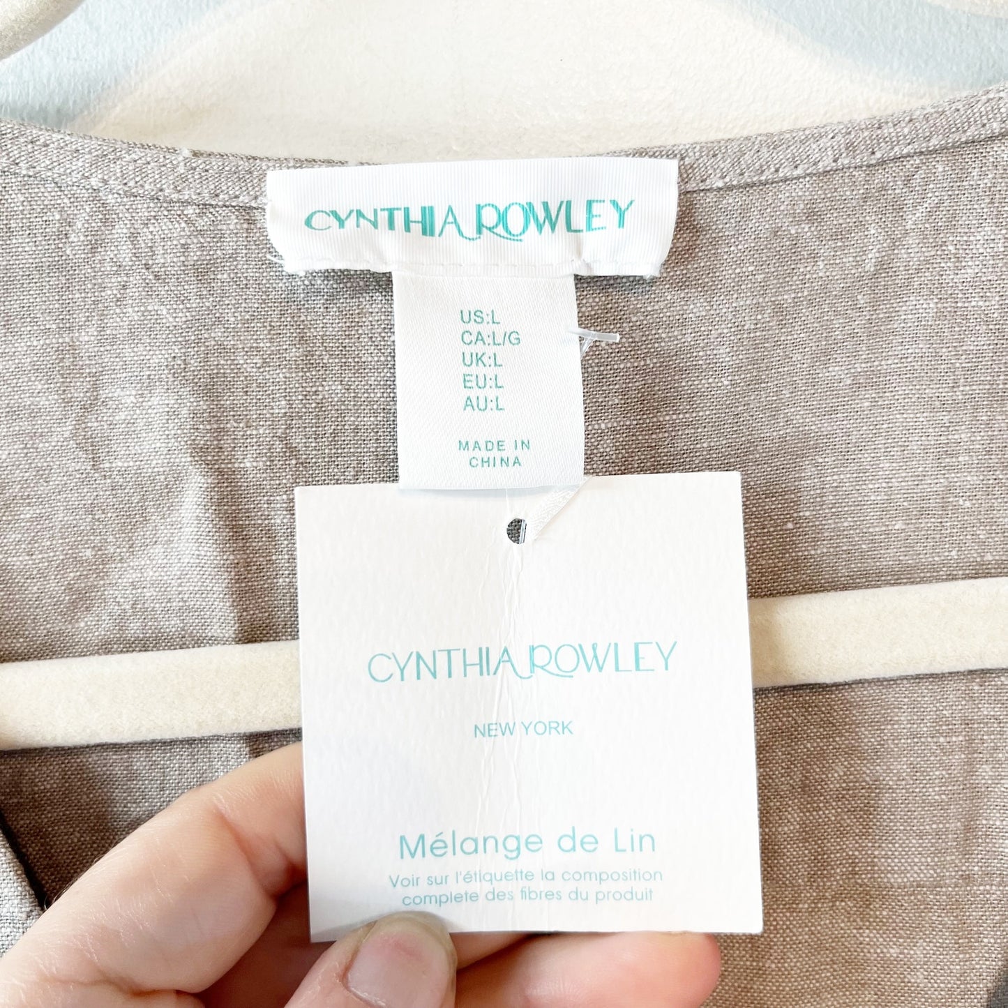 Cynthia Rowley Linen Blend Puff Sleeve V-Neck Mini Dress Taupe Tan Large