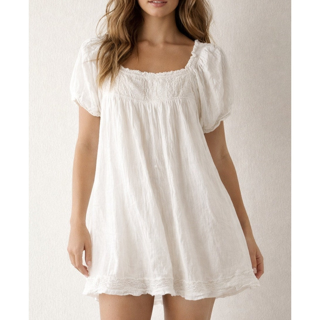 Free People Short Puff Sleeve Smocked Babydoll Mini Dress White XS