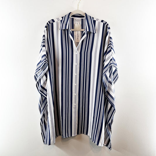 Tommy Bahama Tan Lines Striped Boyfriend Button Down Tunic Shirt Blue L/XL