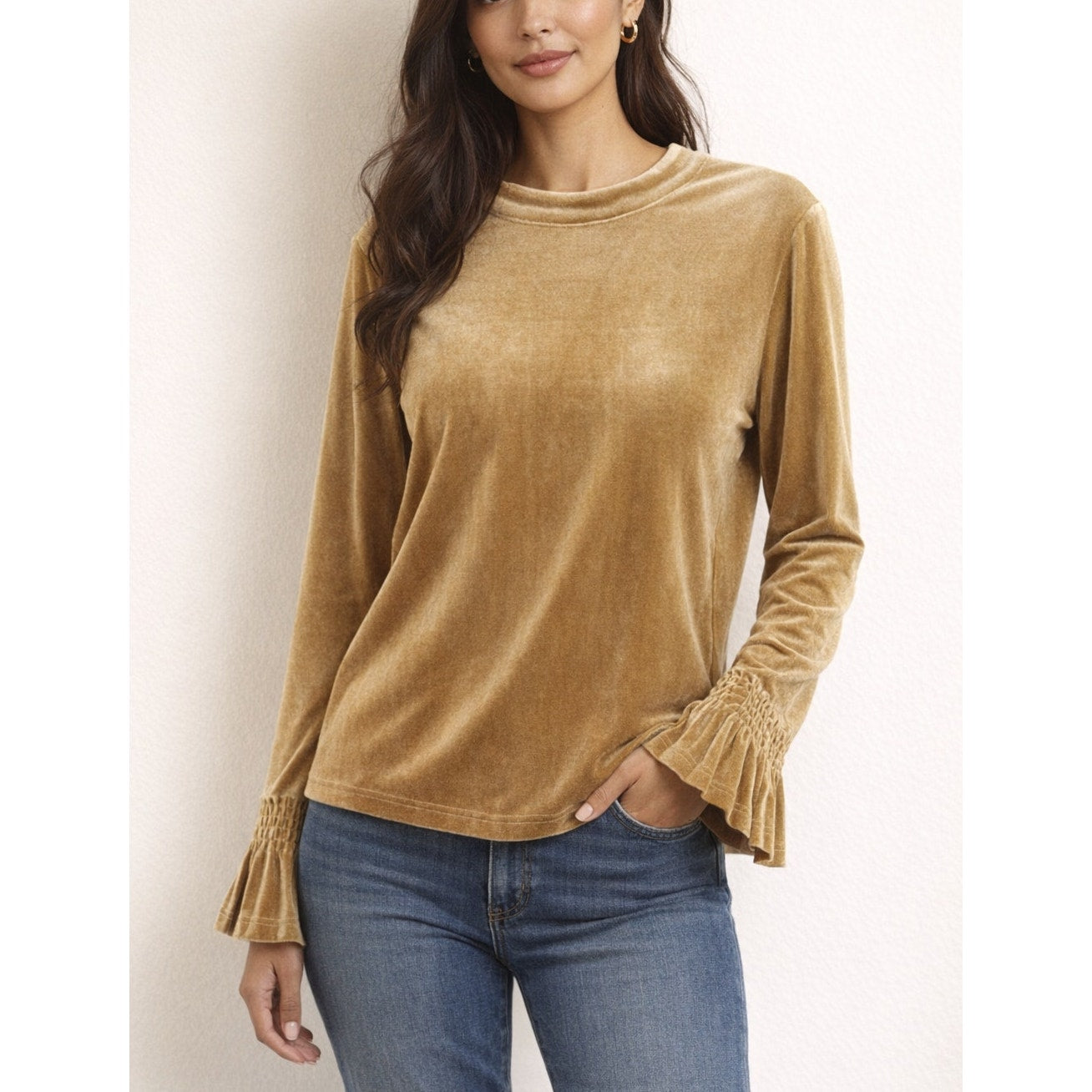 Molly Bracken Velvet Long Sleeve Top with Flare Bell Cuffs Gold Large
