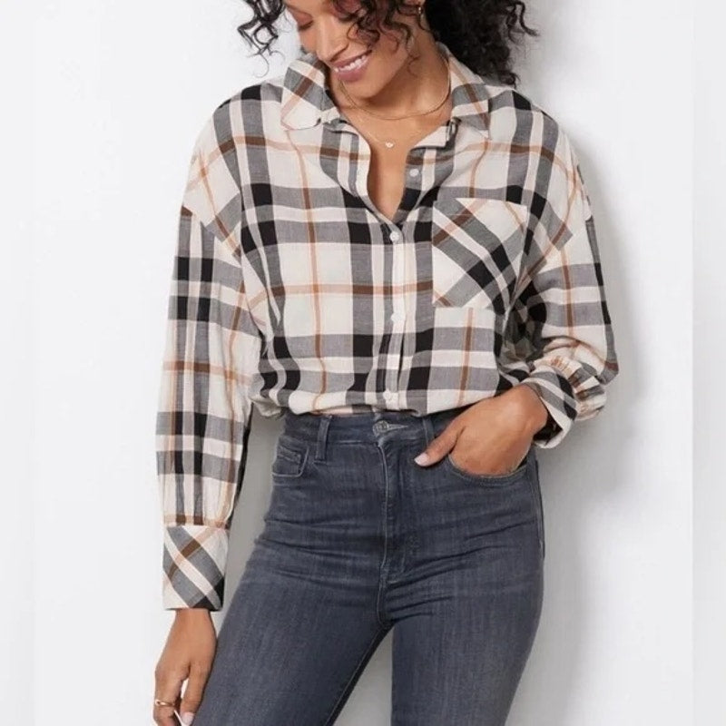 Sanctuary Long Sleeve Plaid Flannel Button Down Shirt Beige Tan Black XS