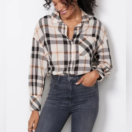 Sanctuary Long Sleeve Plaid Flannel Button Down Shirt Beige Tan Black XS