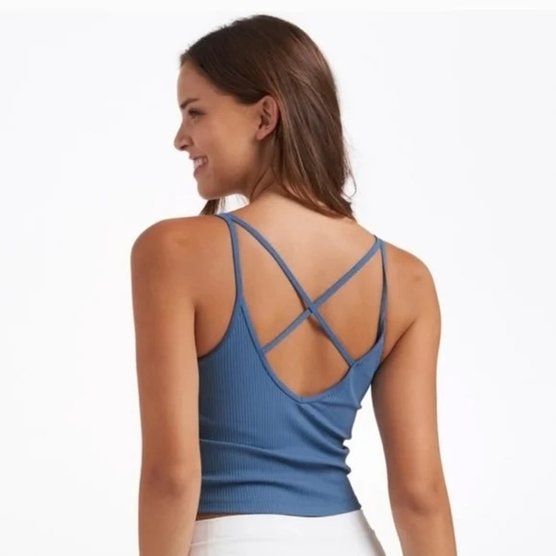 Vuori Rib Cropped Tank Top Built in Shelf Bra Strappy Back Pool Blue Small