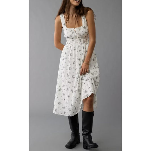 American Eagle Corset Bodice Cotton Floral Midi Dress White XS