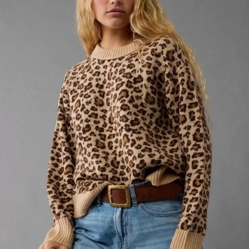 American Eagle Oh So Soft Crewneck Pullover Sweater LEopard Tan Small