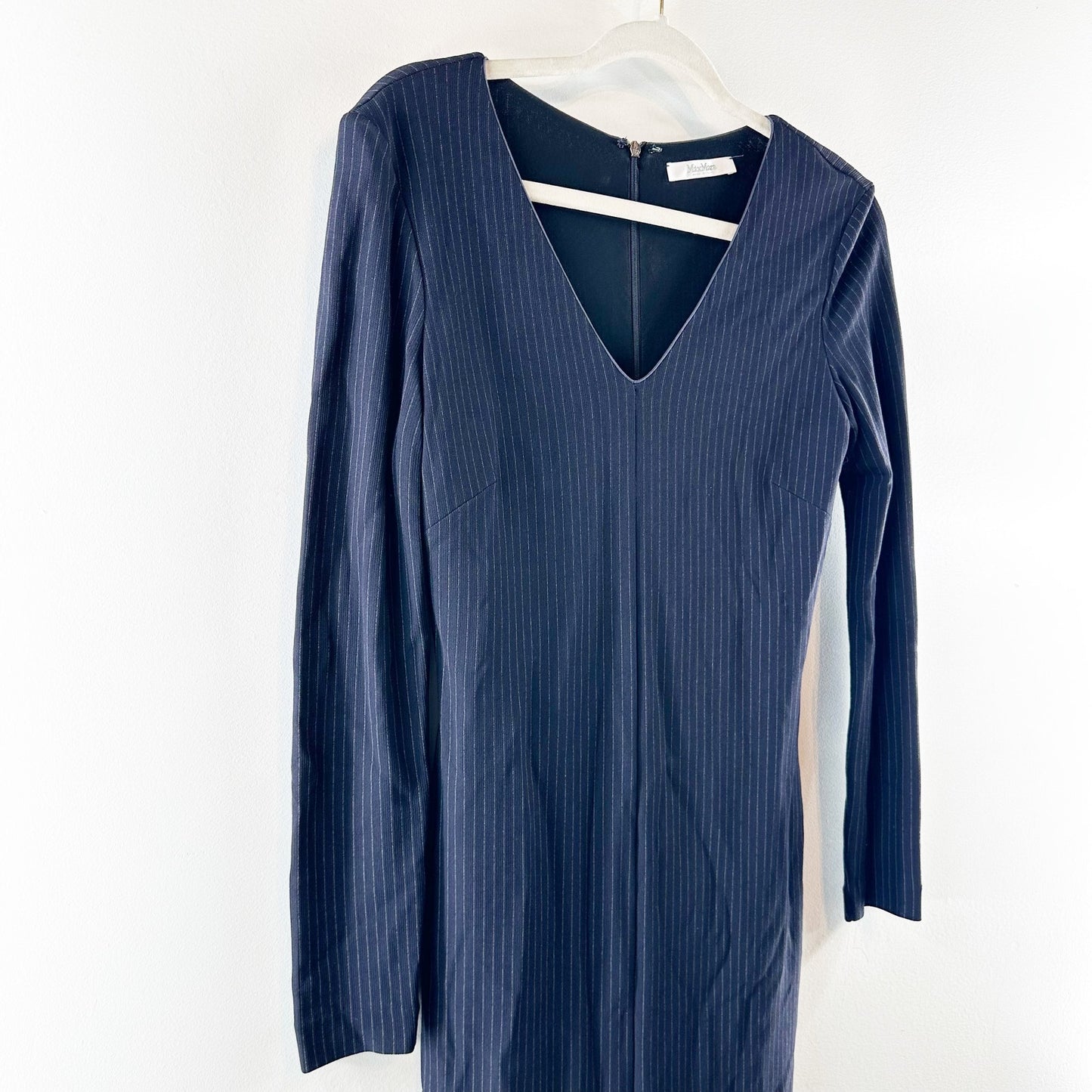 Hugo Boss V Neck Long Sleeve Pinstripe Midi Dress Navy Blue 6