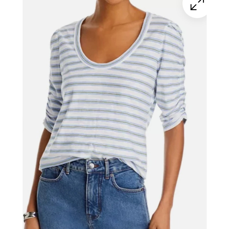 Veronica Beard Netto Scoopneck Cotton Elbow Length Sleeve Striped Tee Shirt Blue