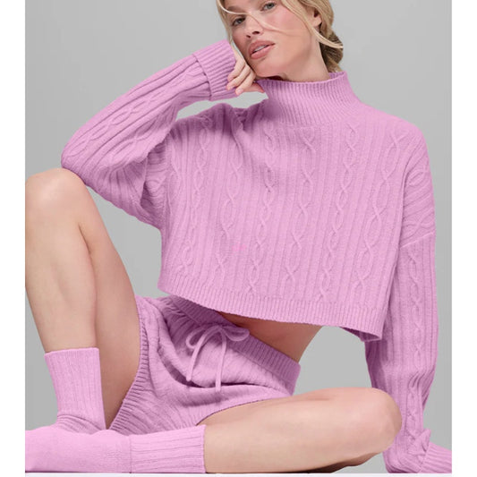 Alo Cable Knit Cropped Winter Bliss Turtleneck Long Sleeve Candy Heart Pink XS