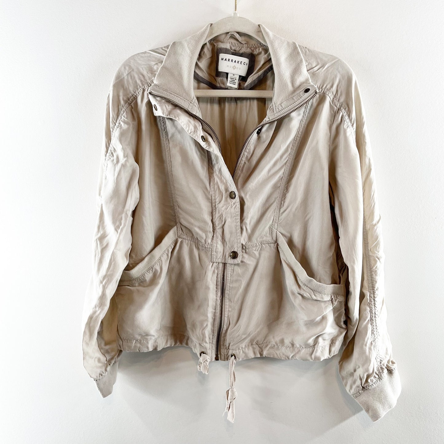 Marrakech by Anthroplogie Long Sleeve Zip Up Cupro Bomber Jacket Beige Medium