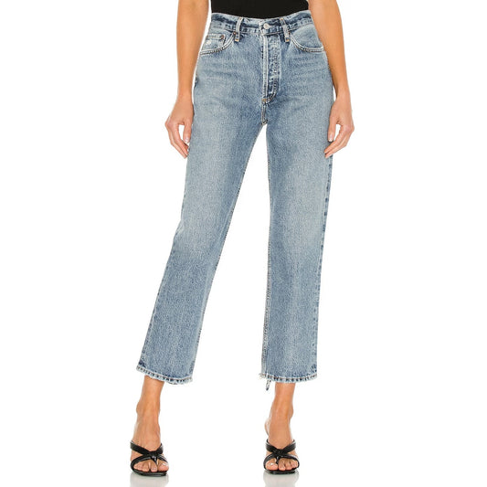 AGOLDE Lana High Rise Cropped Button Fly Straight Leg Jeans Blue 25