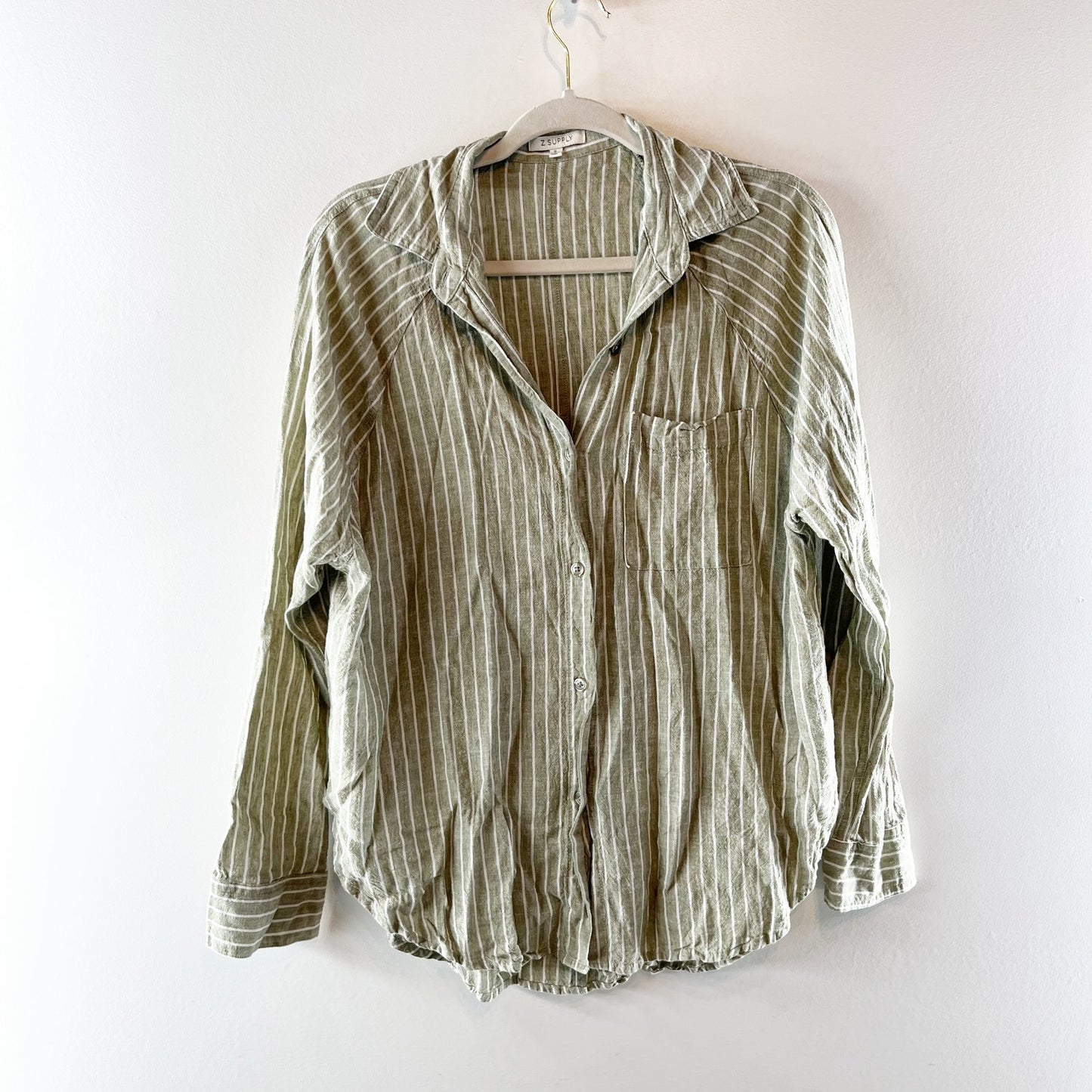 Z Supply The Perfect Linen Stripe Button-Up Shirt Top Meadow Green Small