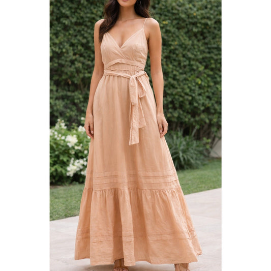 Pampelone Chloe V Neck Tiered Belted Cotton Maxi Dress Blush XS
