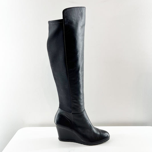 Michael Kors Knee High Leather Bromley Wedge Riding Boots Black 8