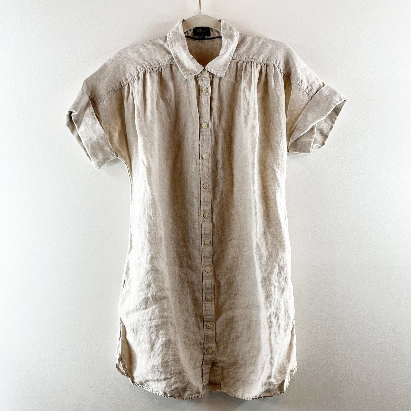 Baird McNutt Irish Linen for J. Crew Relaxed Cuffed Sleeve Shirt Dress Beige M