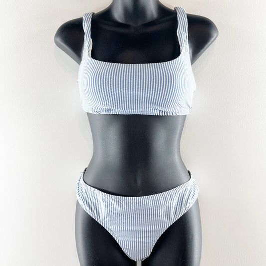 J. Crew Seersucker Square Neck Top and Full Coverage Bottom Bikini Blue Medium